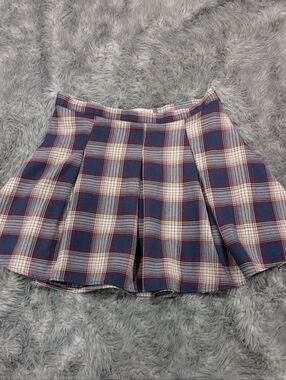 SO Plaid Pleated Skirt in Blue and Cream with Burgundy Accents
